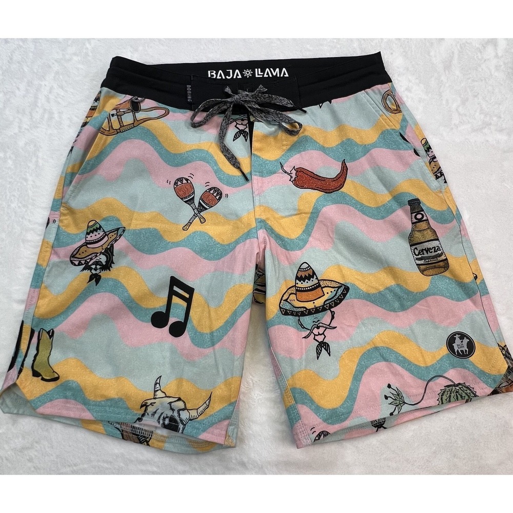 Baja Llama Board Shorts Swim Trunks Mens 30 Mexican Sombrero Beer Cerveza